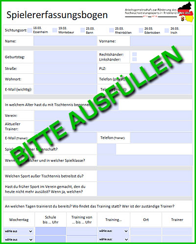 Spielerfassungsbogen für Anmeldung